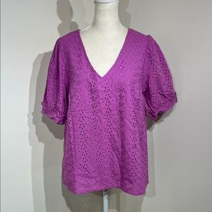 Draper James Purple Eyelet V-Neck Blouse